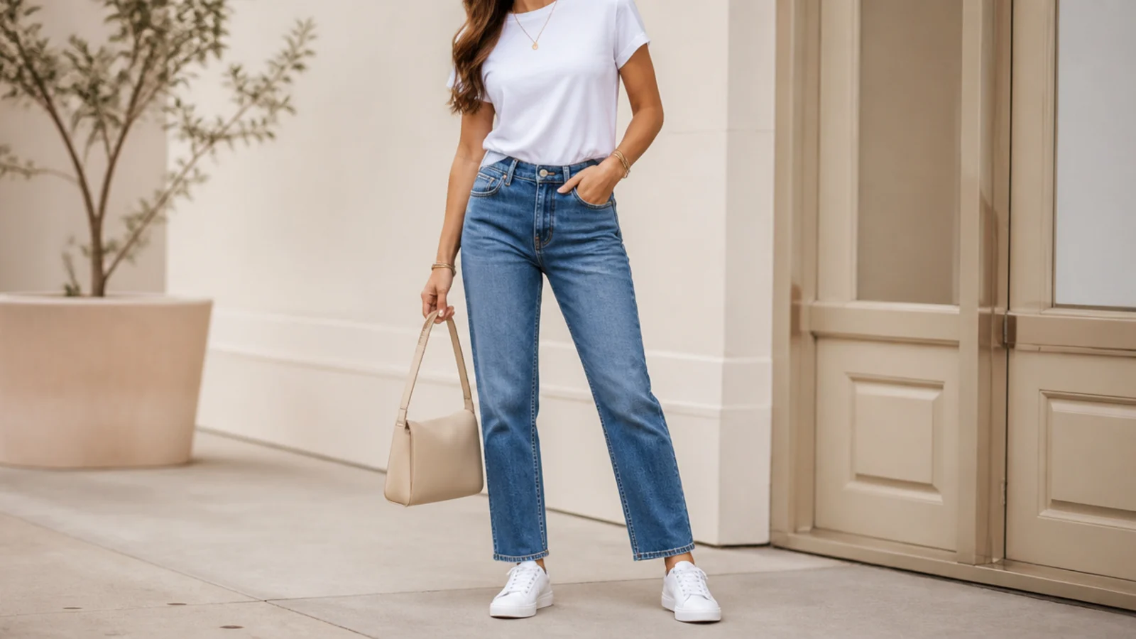 Faceless spring outfit with a crisp white crew-neck tee tucked into mid-blue straight-leg jeans and white sneakers