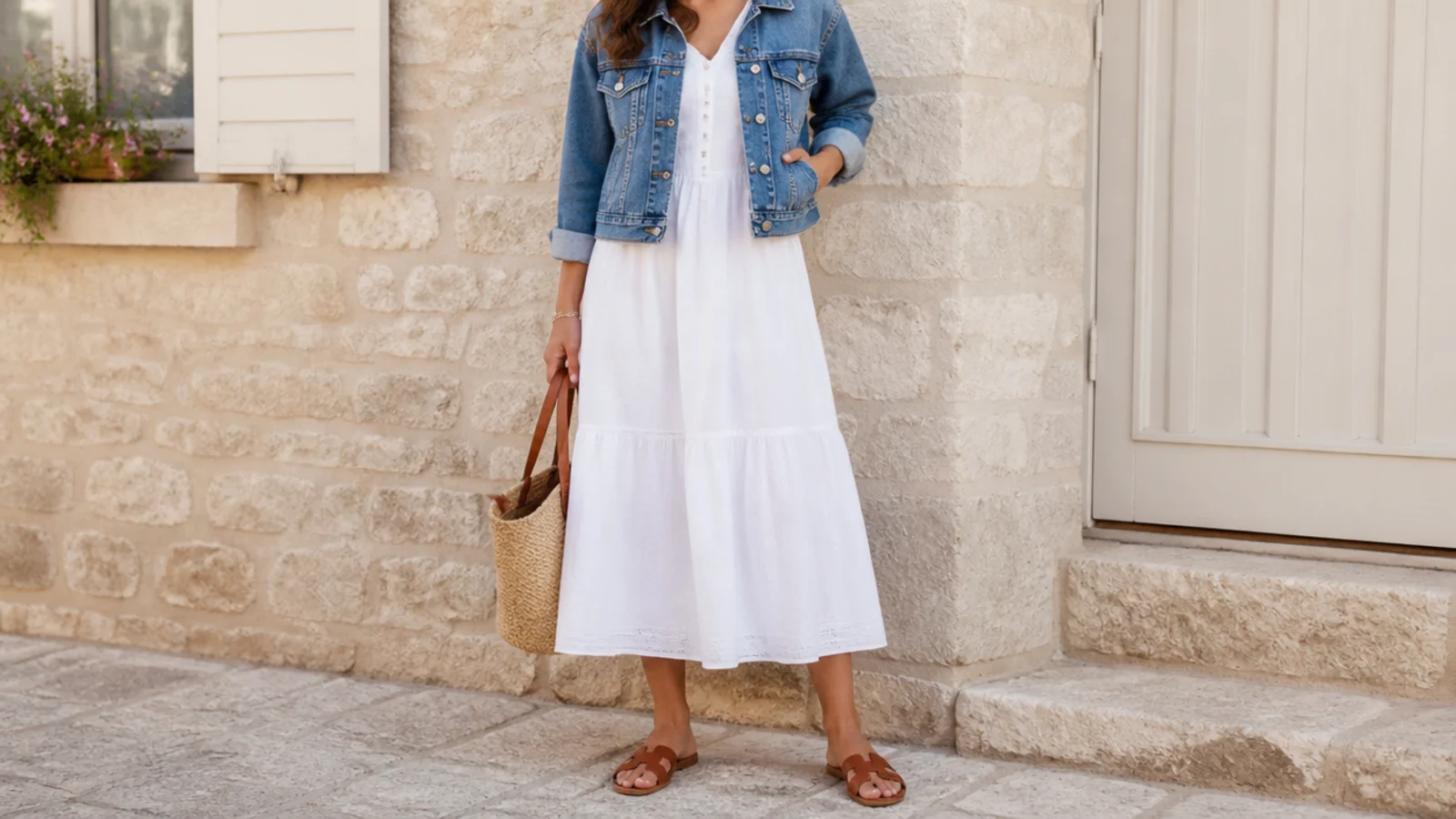Faceless spring outfit with a white cotton midi dress layered under a mid-wash cropped denim jacket and flat sandals