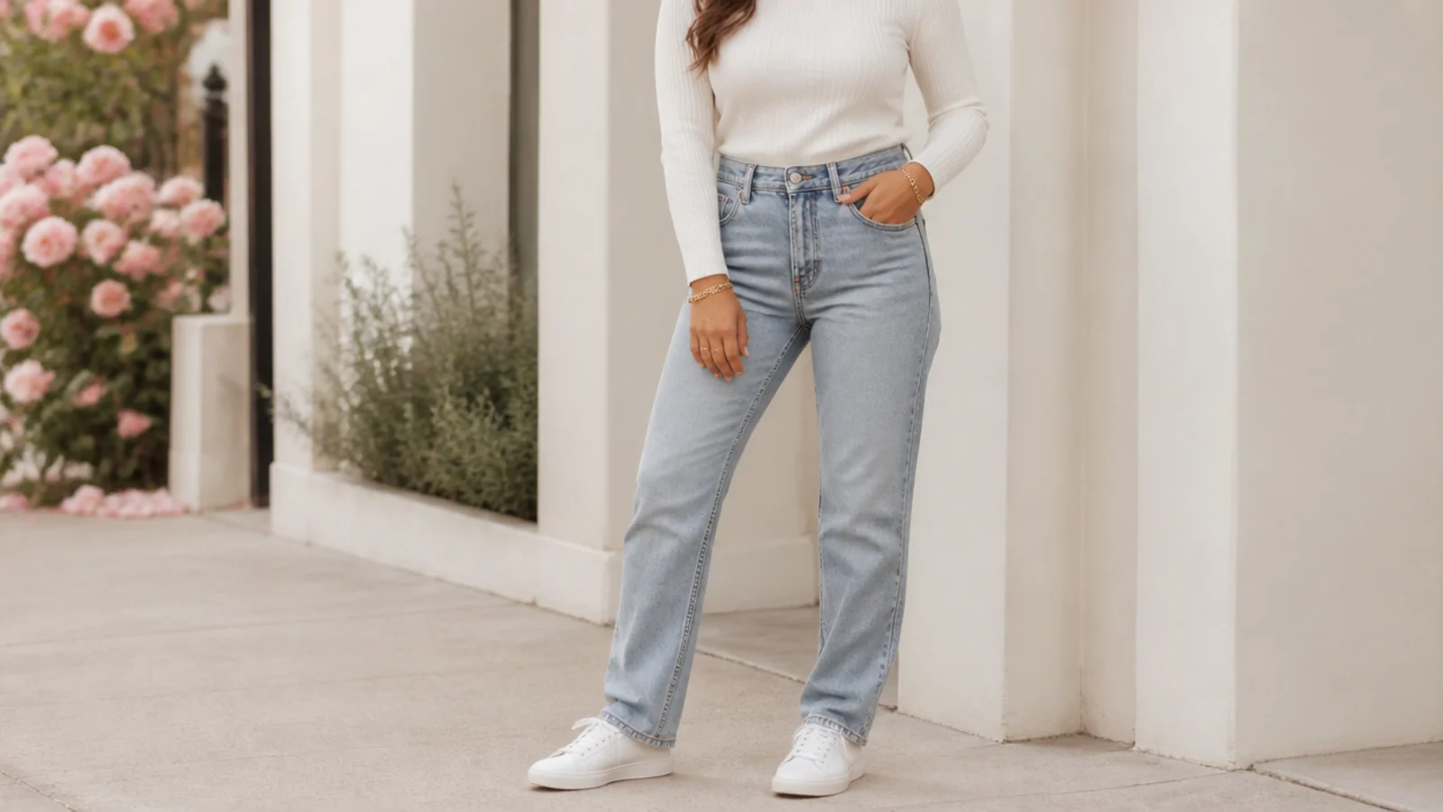 Faceless spring outfit with a fine-gauge white knit sweater tucked into light-wash high-rise jeans and white sneakers