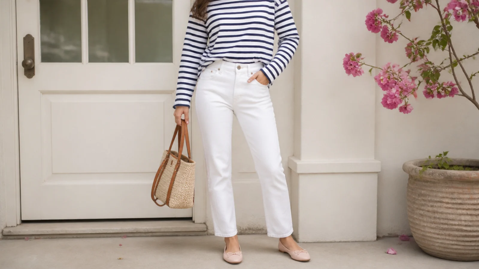 Faceless spring outfit with a navy-and-white Breton striped top tucked into high-rise white jeans and ballet flats
