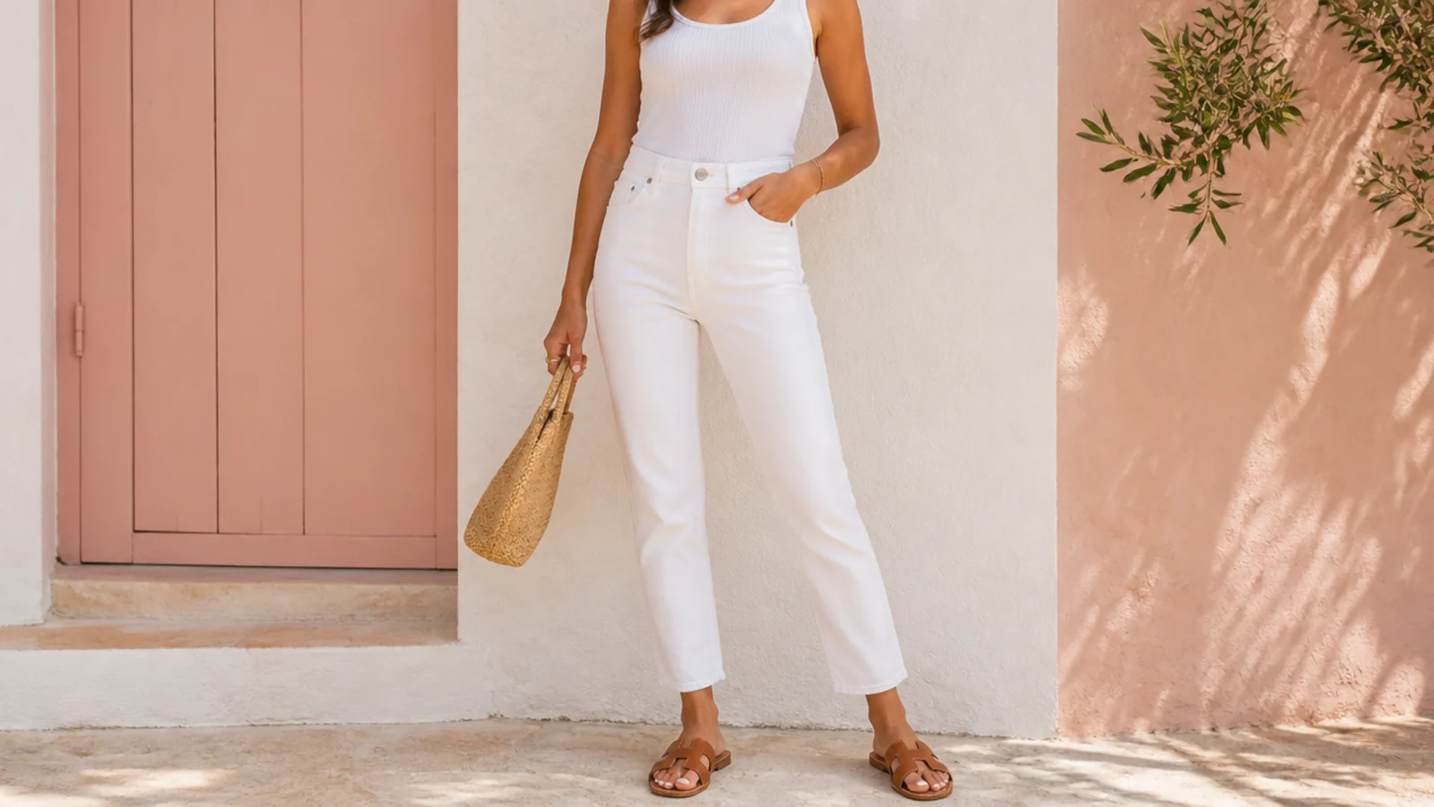 Faceless summer outfit with a fitted ribbed white tank tucked into high-waisted white jeans and tan slide sandals