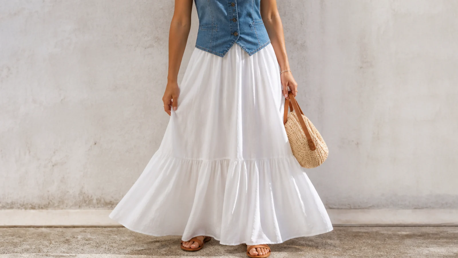 Faceless summer outfit with a flowing white maxi dress layered under a fitted mid-wash denim vest and flat sandals