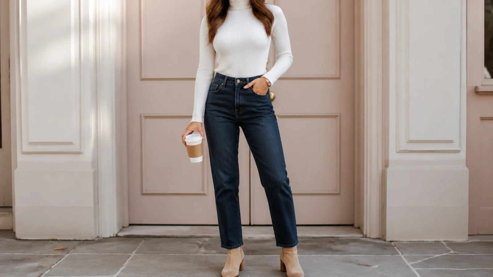 Faceless fall outfit with a fitted white ribbed turtleneck tucked into dark-wash straight-leg jeans and ankle boots
