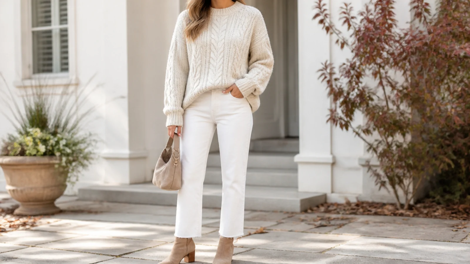 Faceless fall outfit with a chunky cream cable-knit sweater and straight white jeans with tan suede ankle boots