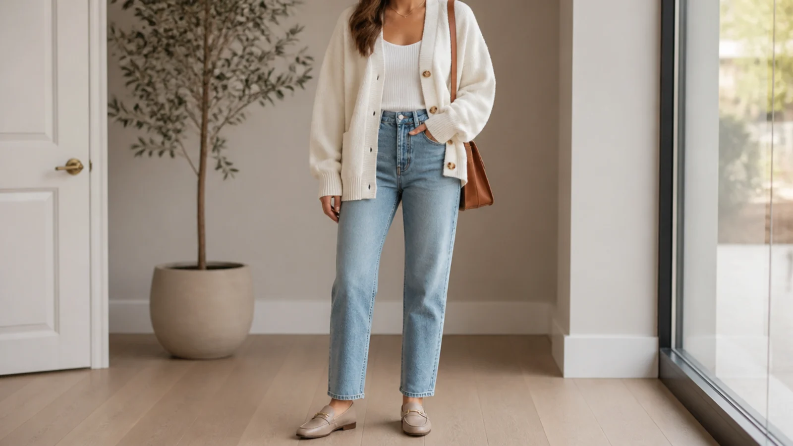 Faceless fall outfit with an oversized cream button cardigan over a white tank and mid-wash straight jeans with loafers
