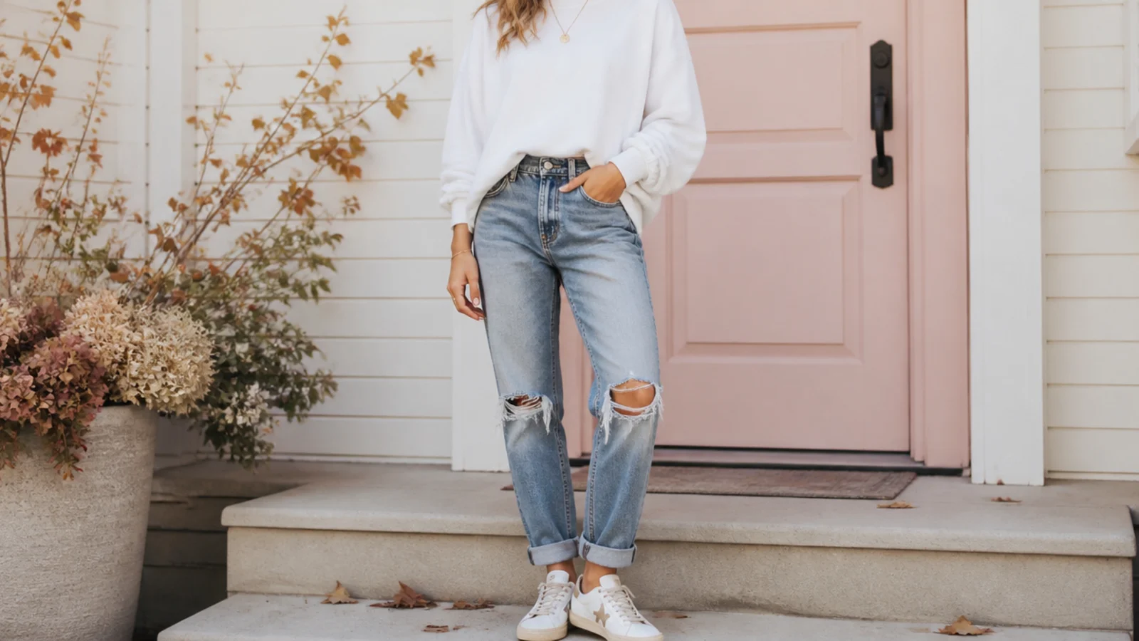 Faceless fall outfit with an oversized white sweatshirt half-tucked into ripped mid-wash boyfriend jeans and sneakers
