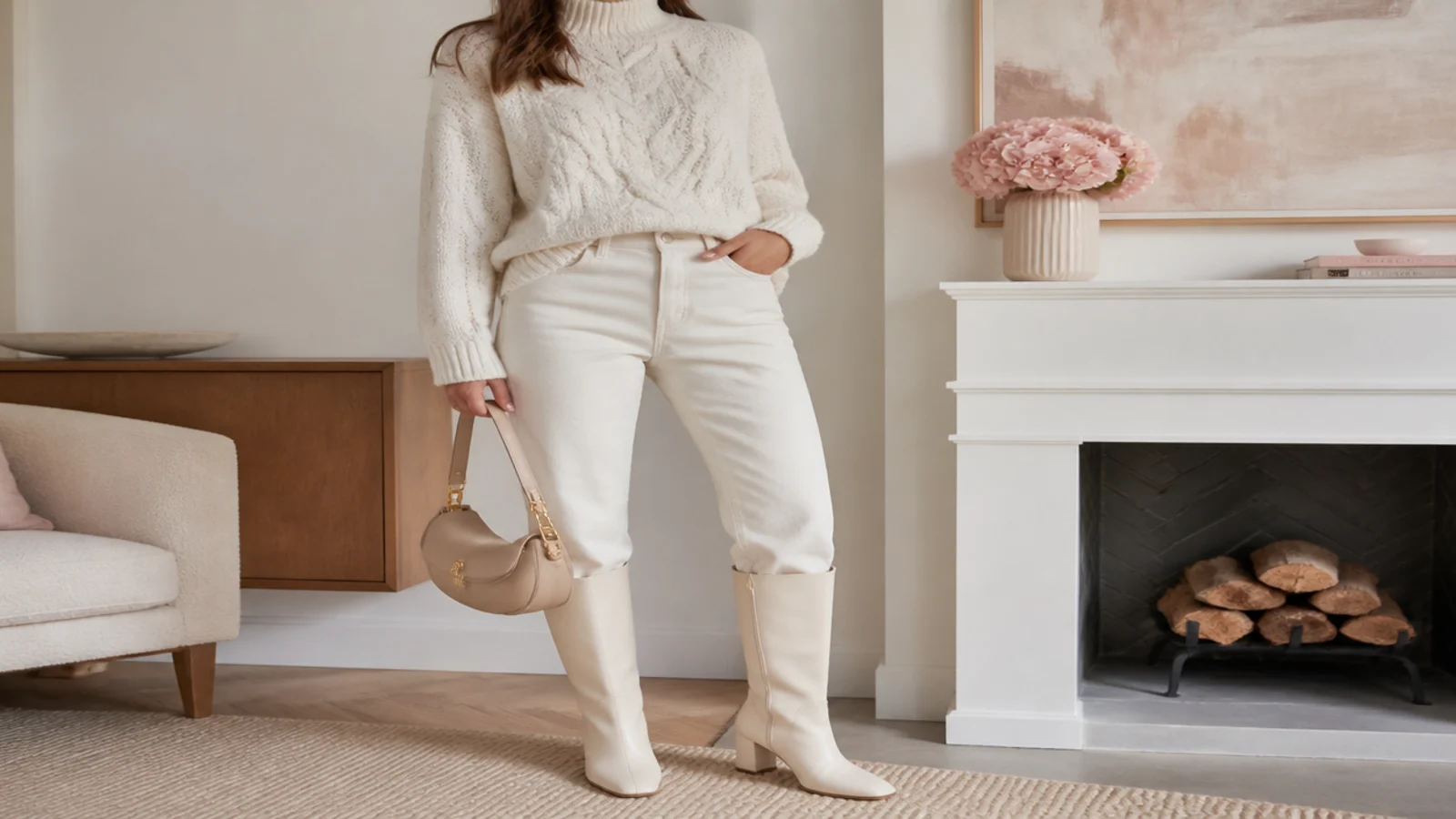 Faceless winter outfit with an ivory chunky cable-knit sweater and ivory straight jeans with cream knee boots