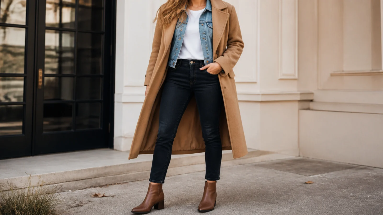 Faceless winter outfit with a white tee and denim jacket layered under an open camel wool coat with dark jeans and boots