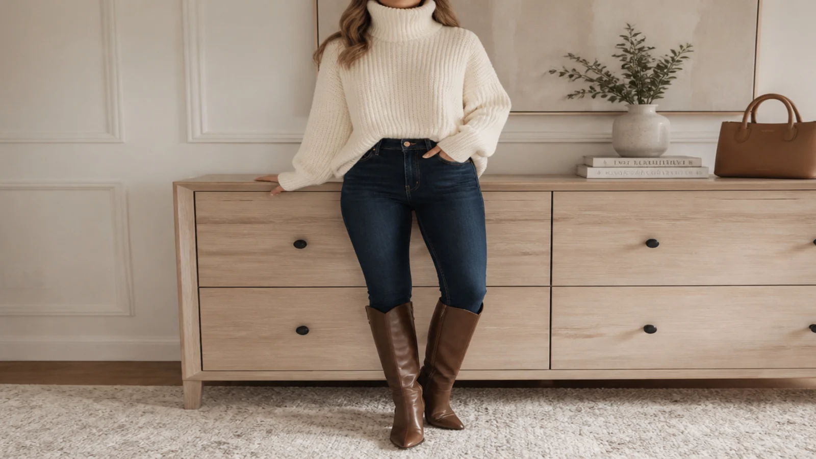 Faceless winter outfit with a chunky cream turtleneck sweater tucked into dark-wash skinny jeans and tall brown boots