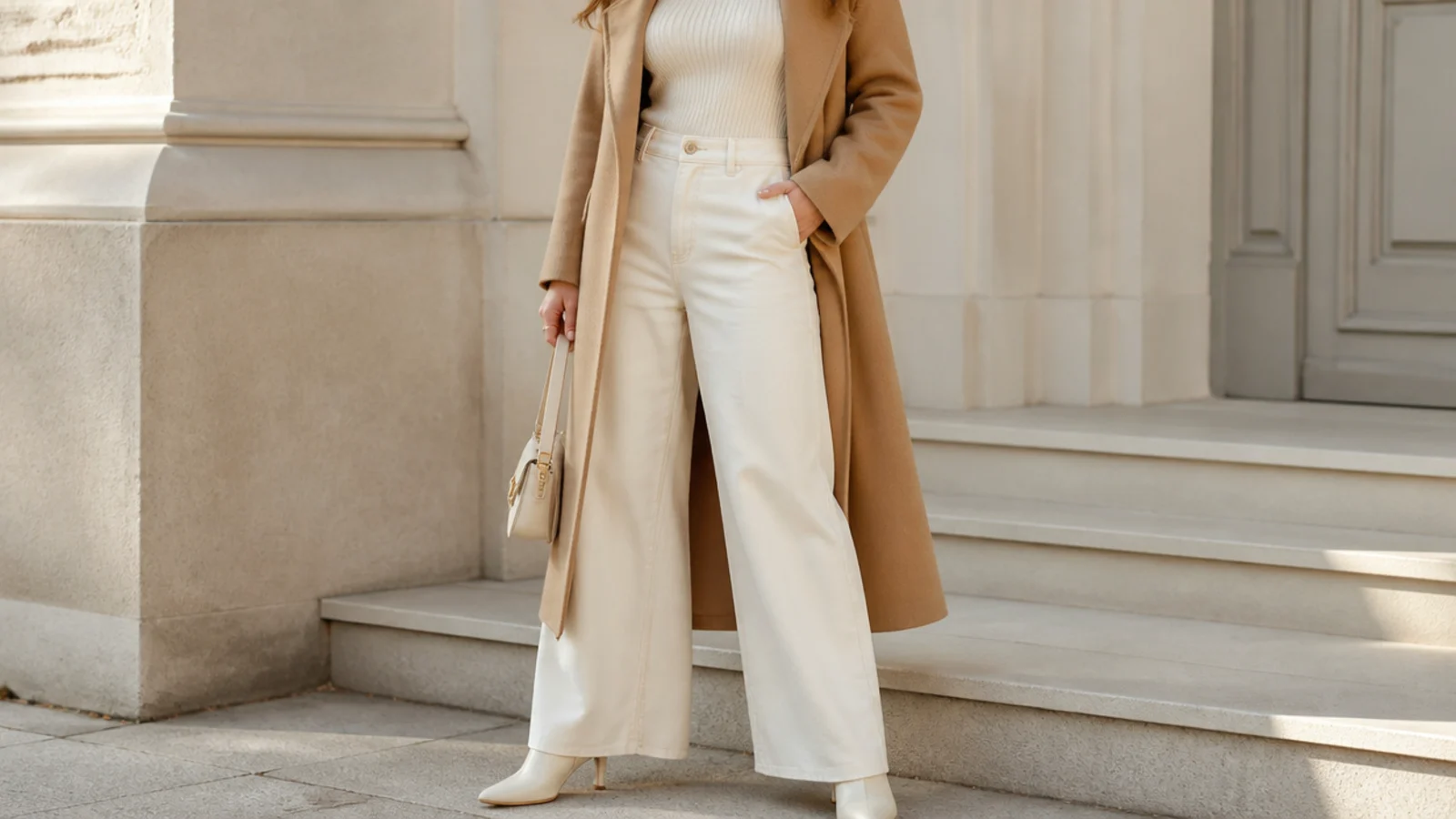 Faceless winter outfit with a soft ivory ribbed knit tucked into ecru wide-leg denim with cream ankle boots and a camel coat