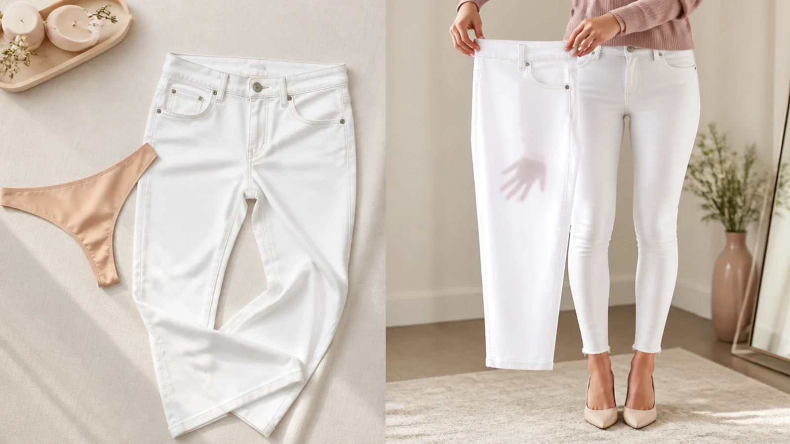 Faceless flat-lay comparing a nude seamless thong beside white jeans held to the light showing the opacity difference