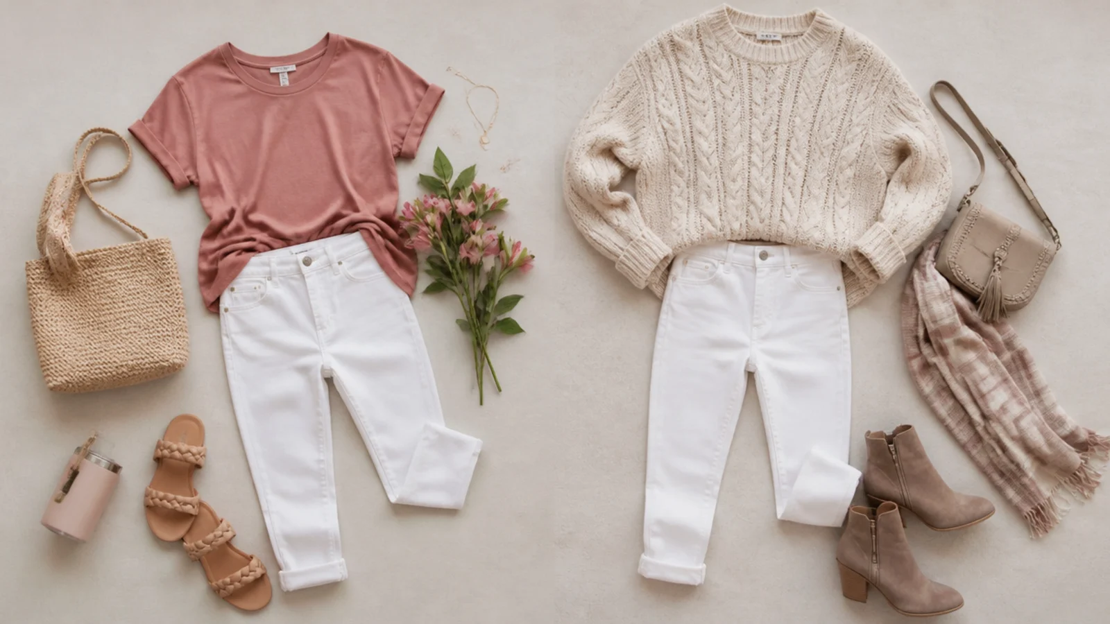 Faceless flat-lay of white jeans styled two ways, with summer sandals and a tee beside winter boots and a cream cable knit