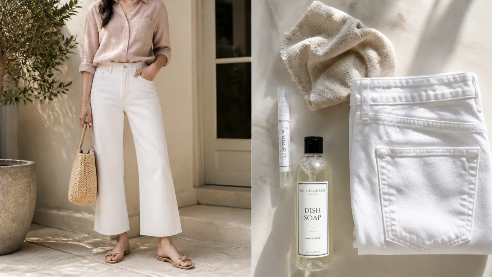 Faceless flat-lay of white denim care items including a stain pen, dish soap, a soft cloth and folded white jeans in sunlight