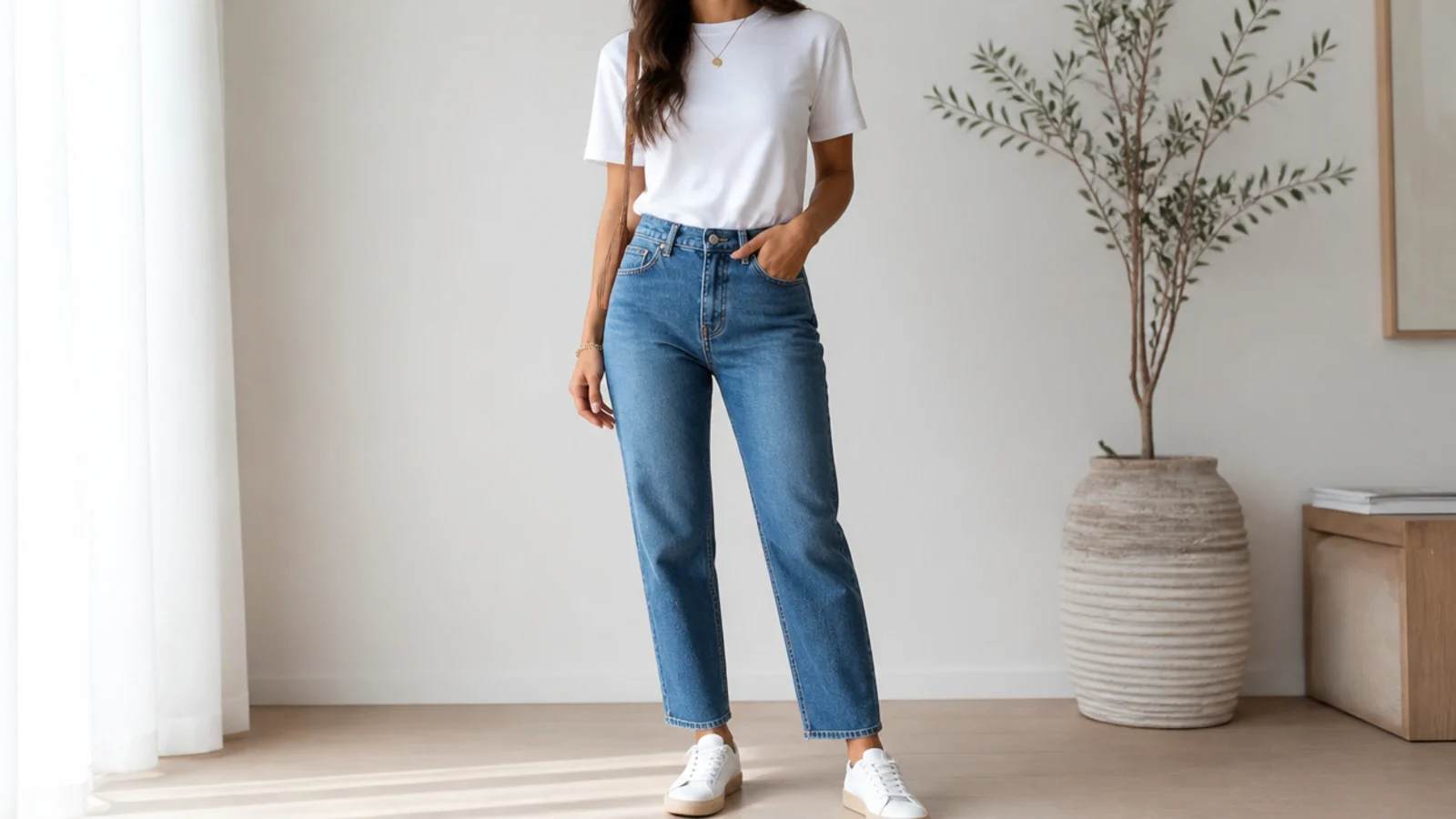 Faceless denim and white outfit with a crisp white tee tucked into mid-blue straight-leg jeans