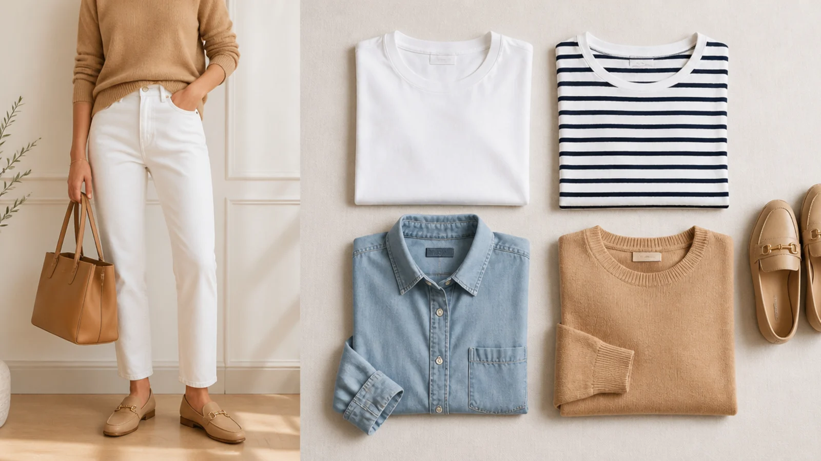 Faceless flat-lay of tops for white jeans including a white tee, a navy Breton stripe, a chambray shirt and a camel knit