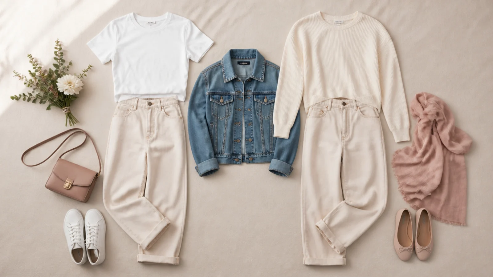 Faceless flat-lay comparing a bright optic white top and a warm ivory cream knit side by side against a denim jacket