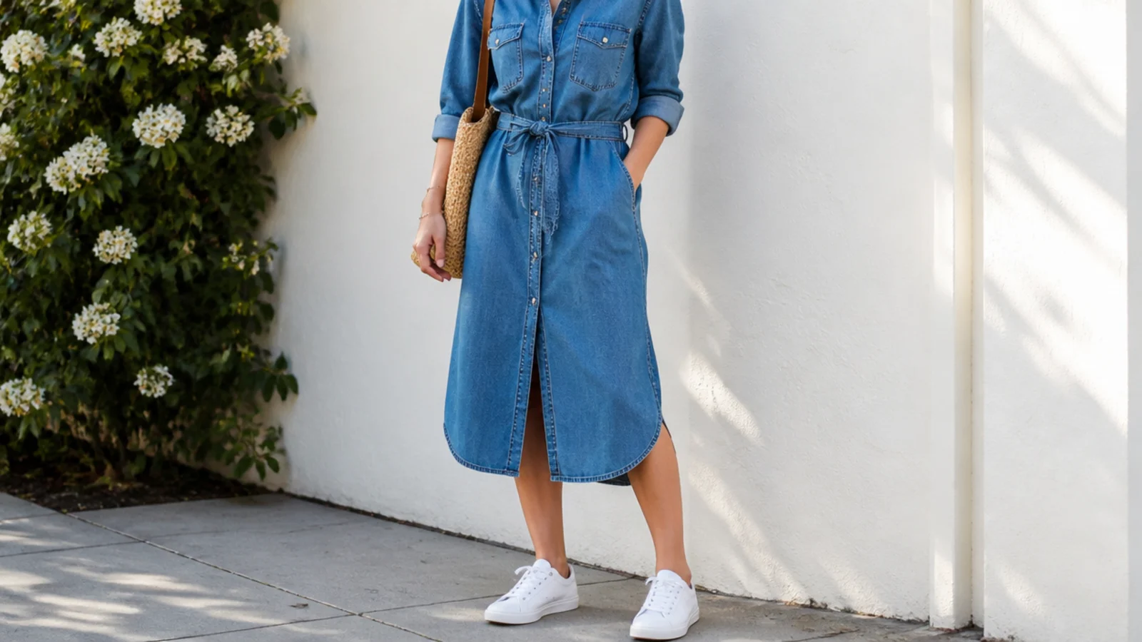 Faceless outfit with a mid-blue denim shirt dress and white leather sneakers