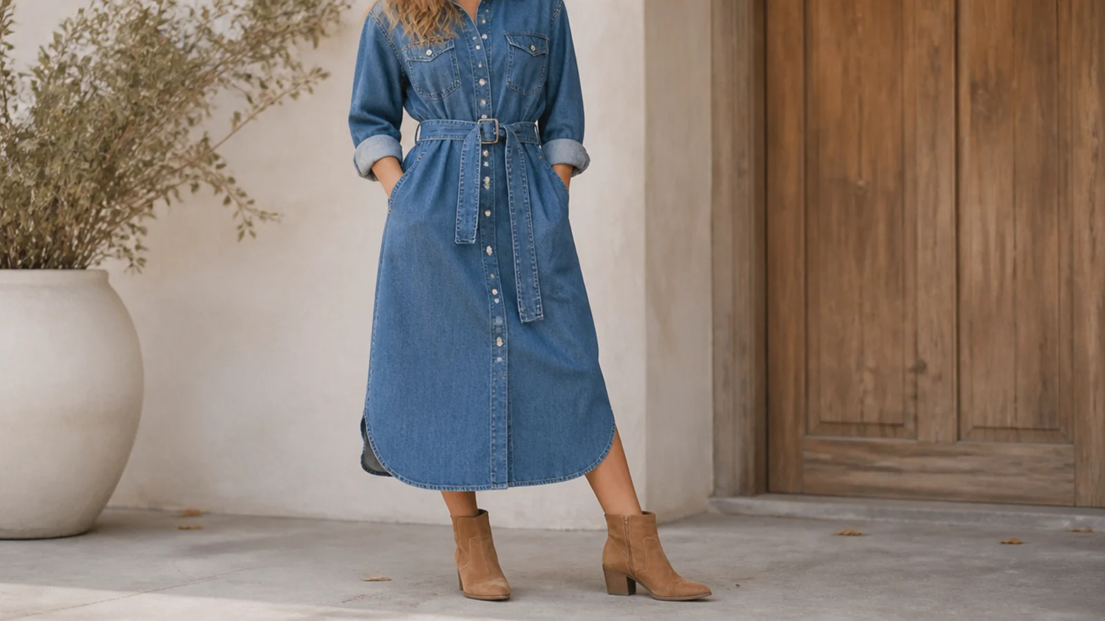 Faceless outfit with a belted denim shirt dress and tan suede ankle boots