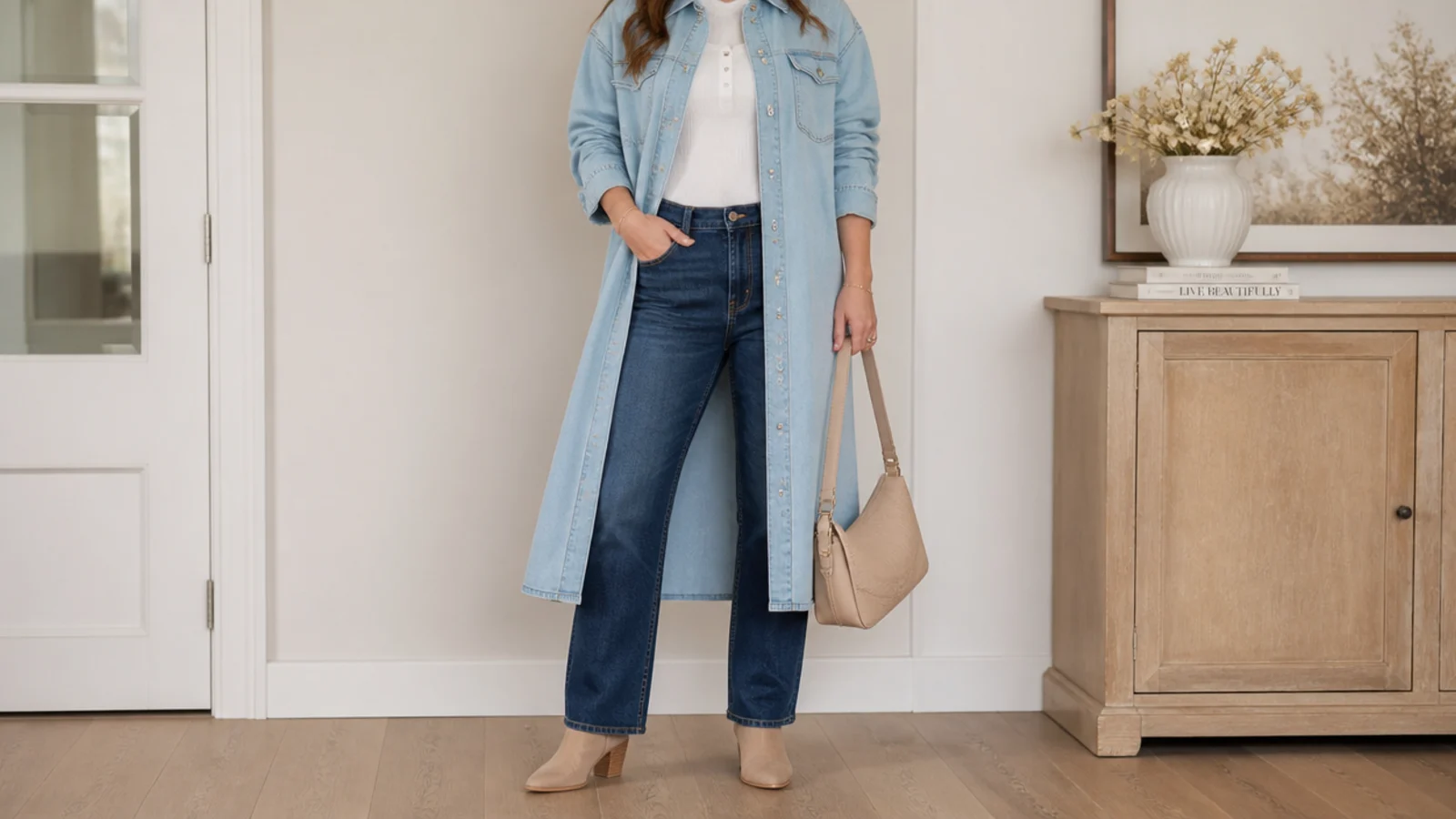 Faceless outfit with a light denim shirt dress worn open over dark straight-leg jeans and boots