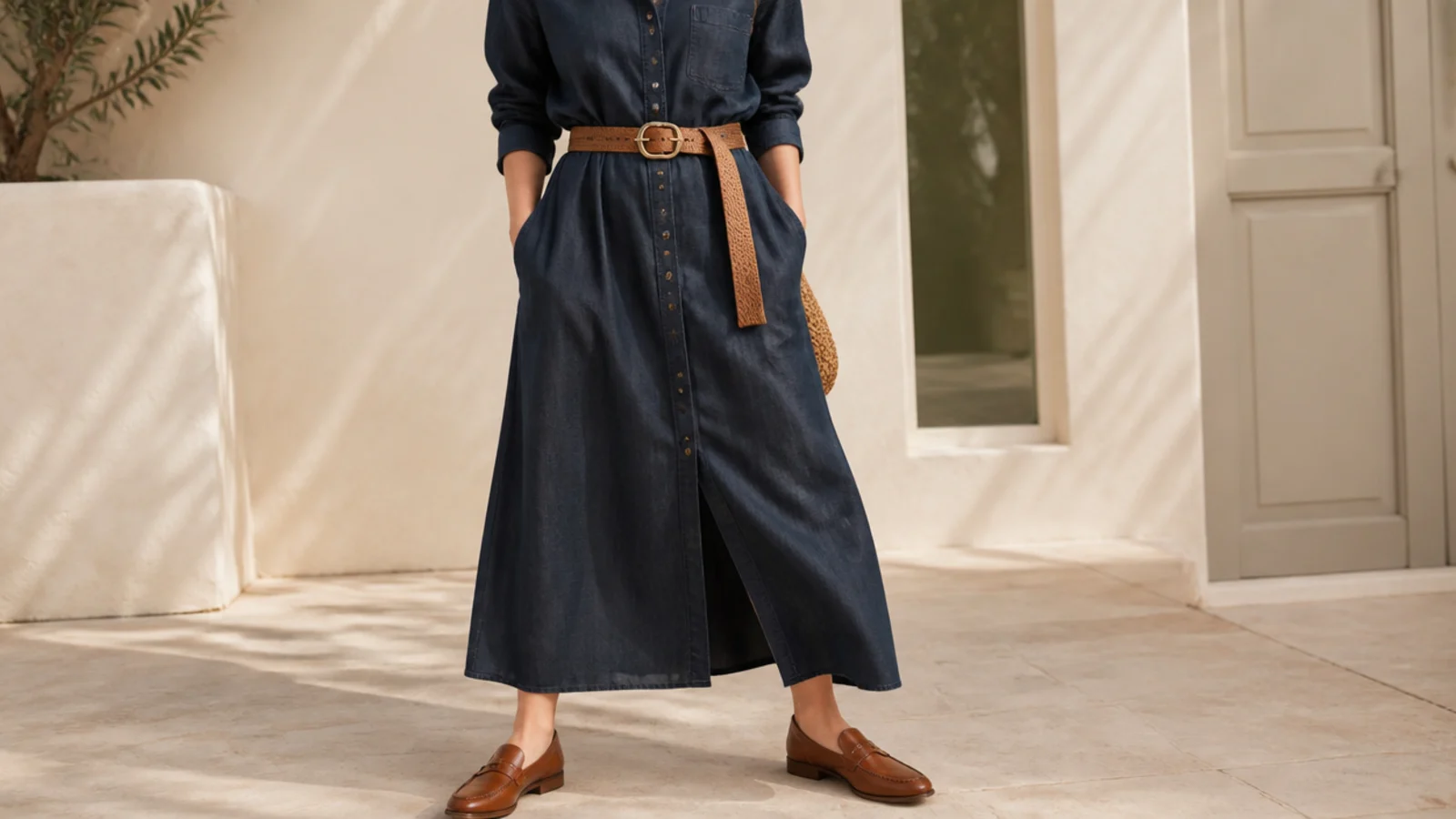 Faceless outfit with a dark denim shirt dress, a woven tan belt and brown leather loafers