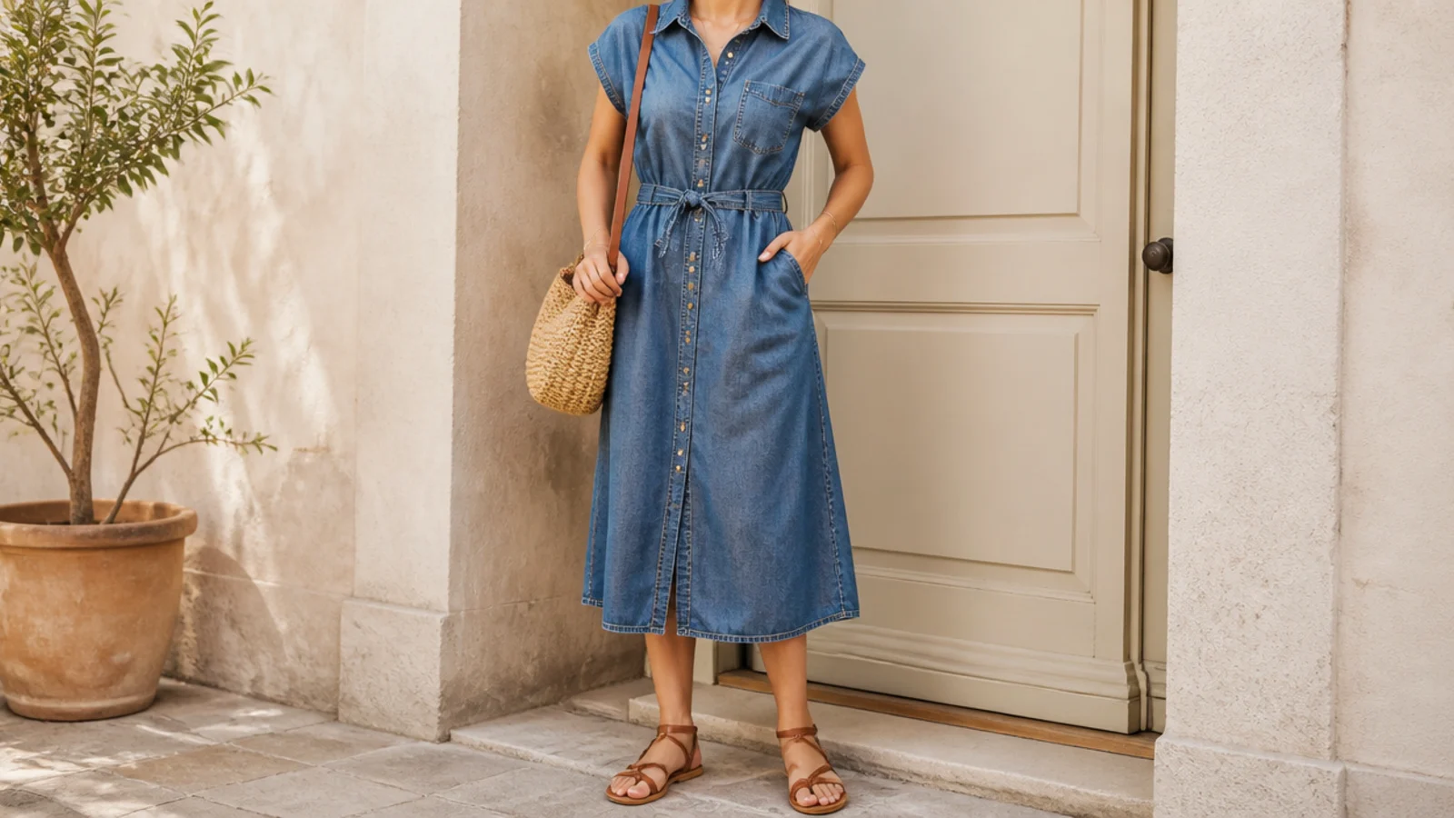 Faceless outfit with a mid-blue denim midi dress and flat tan strappy sandals