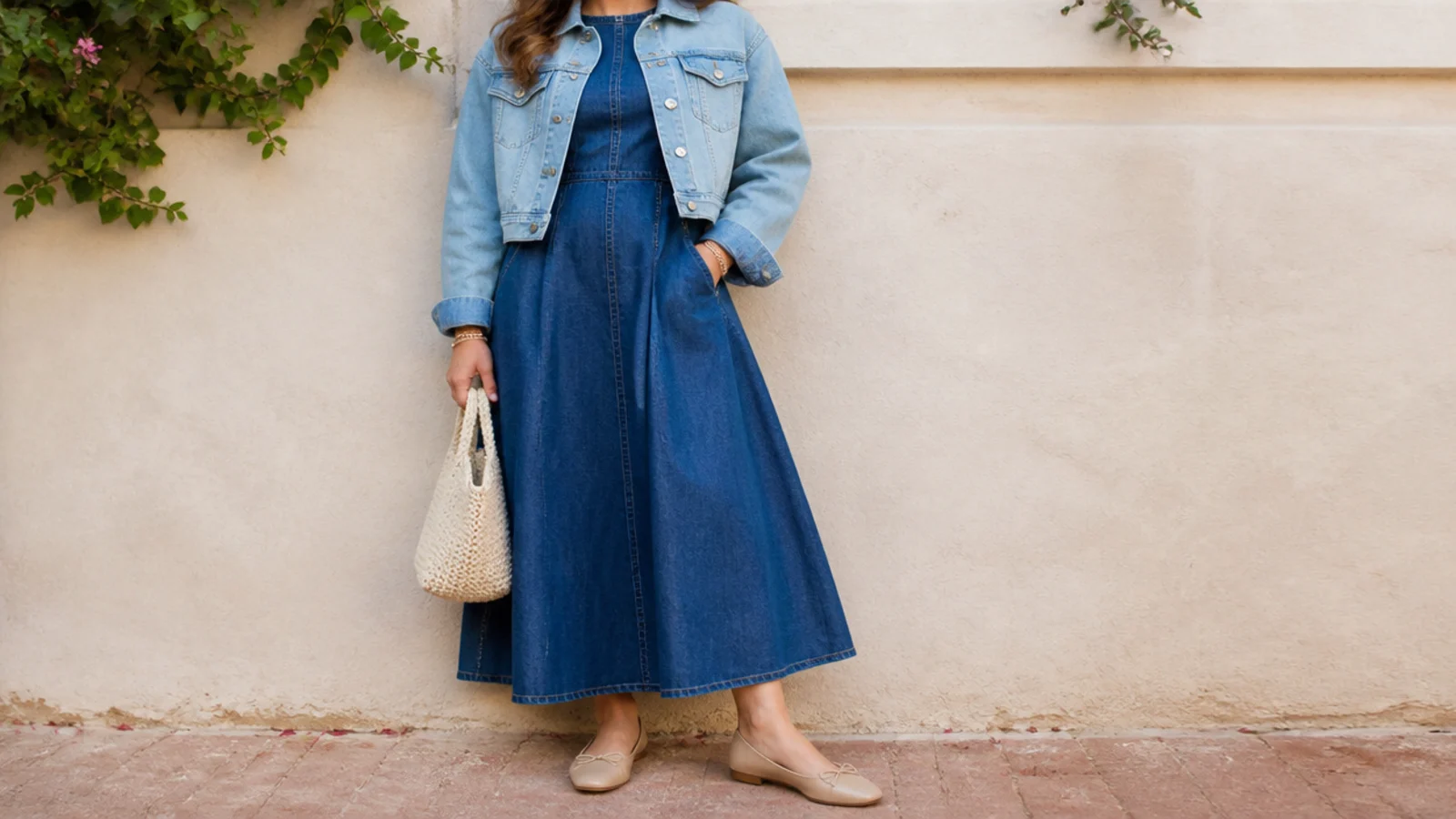 Faceless outfit with a dark denim midi dress and a cropped light-wash denim jacket