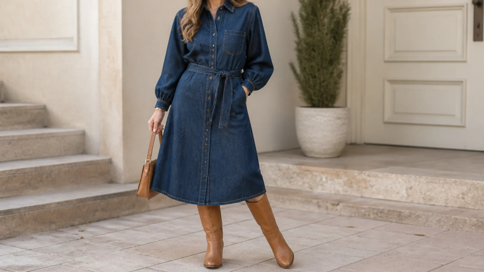 Faceless outfit with a dark denim midi dress and tan knee-high leather boots