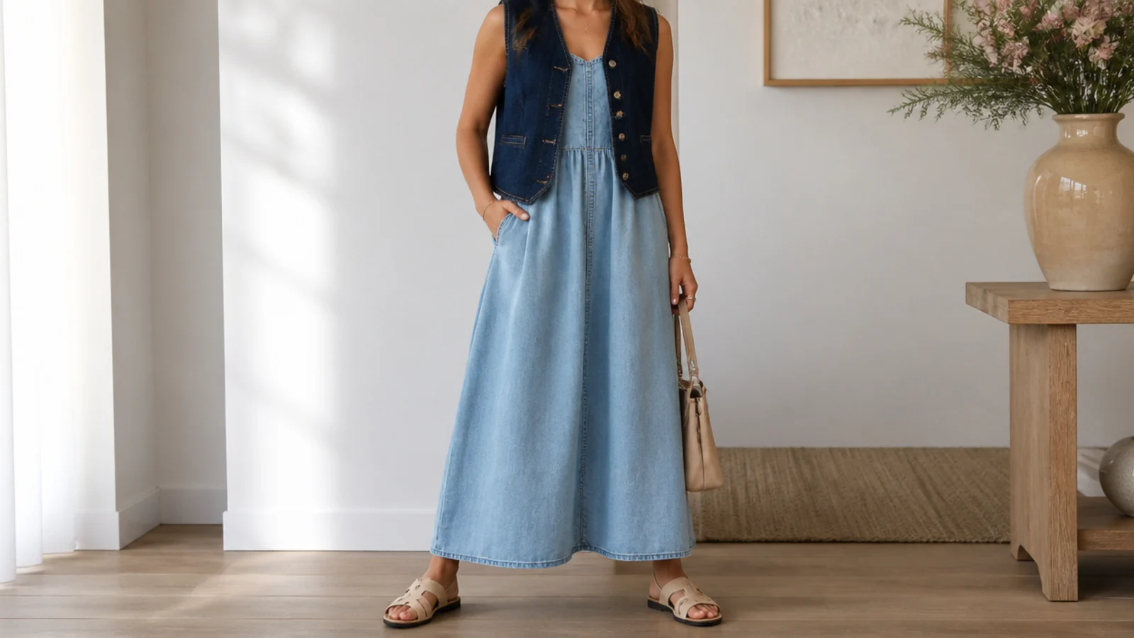 Faceless outfit with a light denim maxi dress layered under a dark denim vest