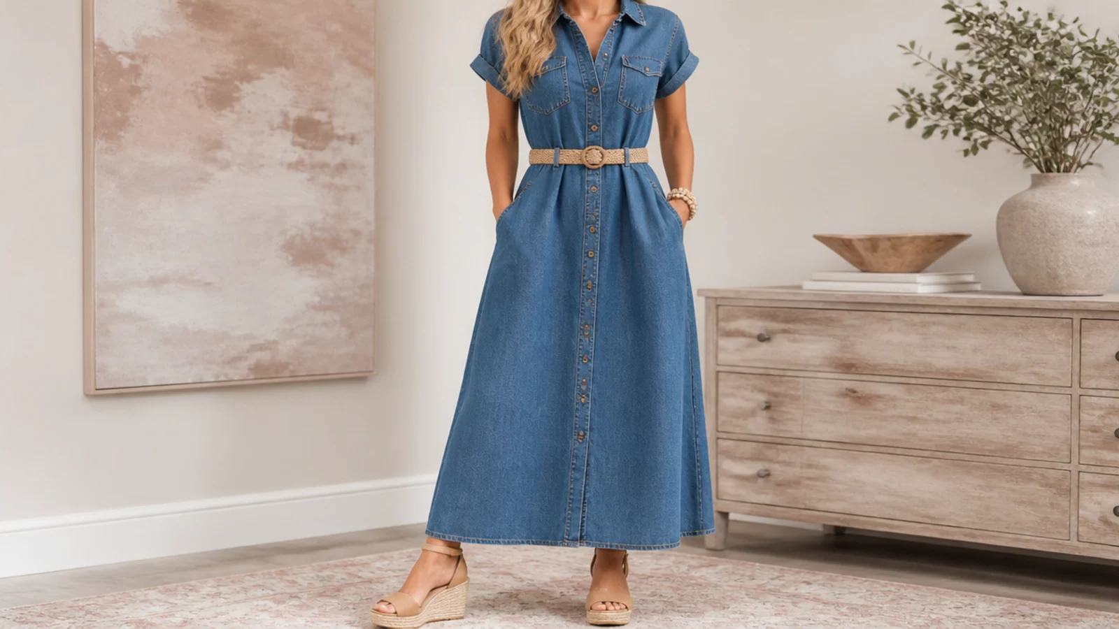 Faceless outfit with a mid-blue denim maxi dress belted at the waist with espadrille wedges