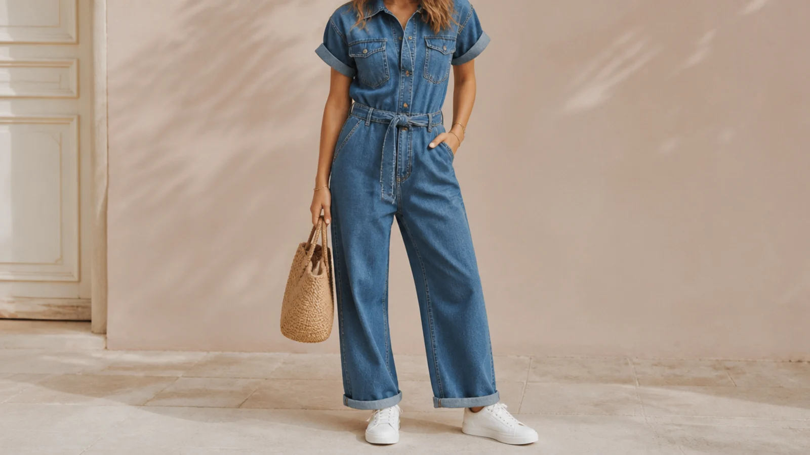 Faceless outfit with a mid-blue denim jumpsuit and white leather sneakers