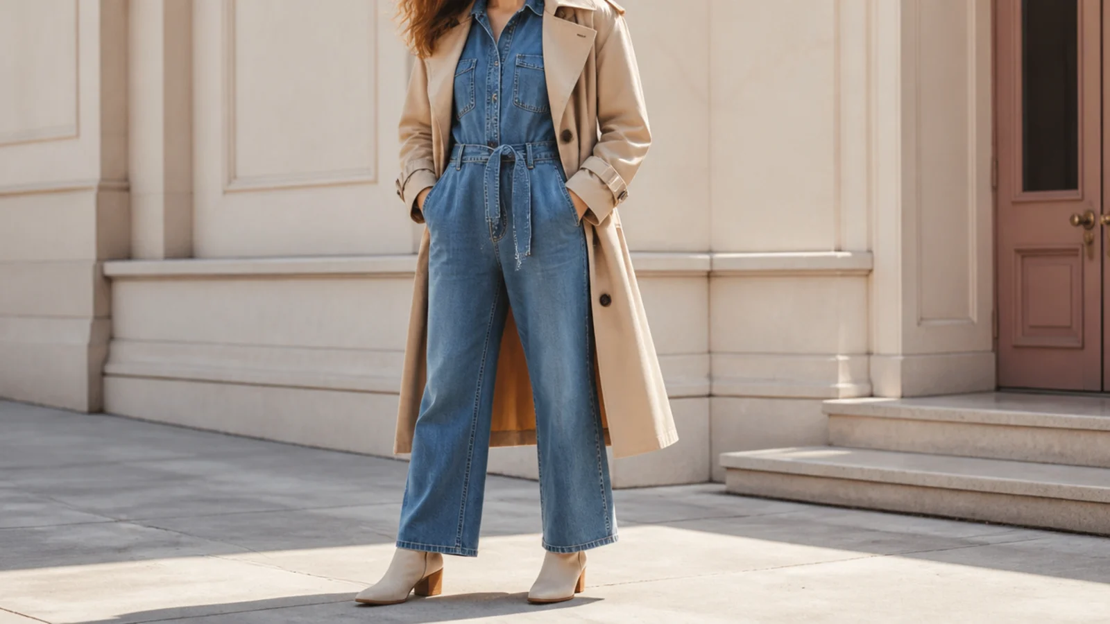 Faceless outfit with a mid-blue denim jumpsuit layered under a beige trench coat and boots