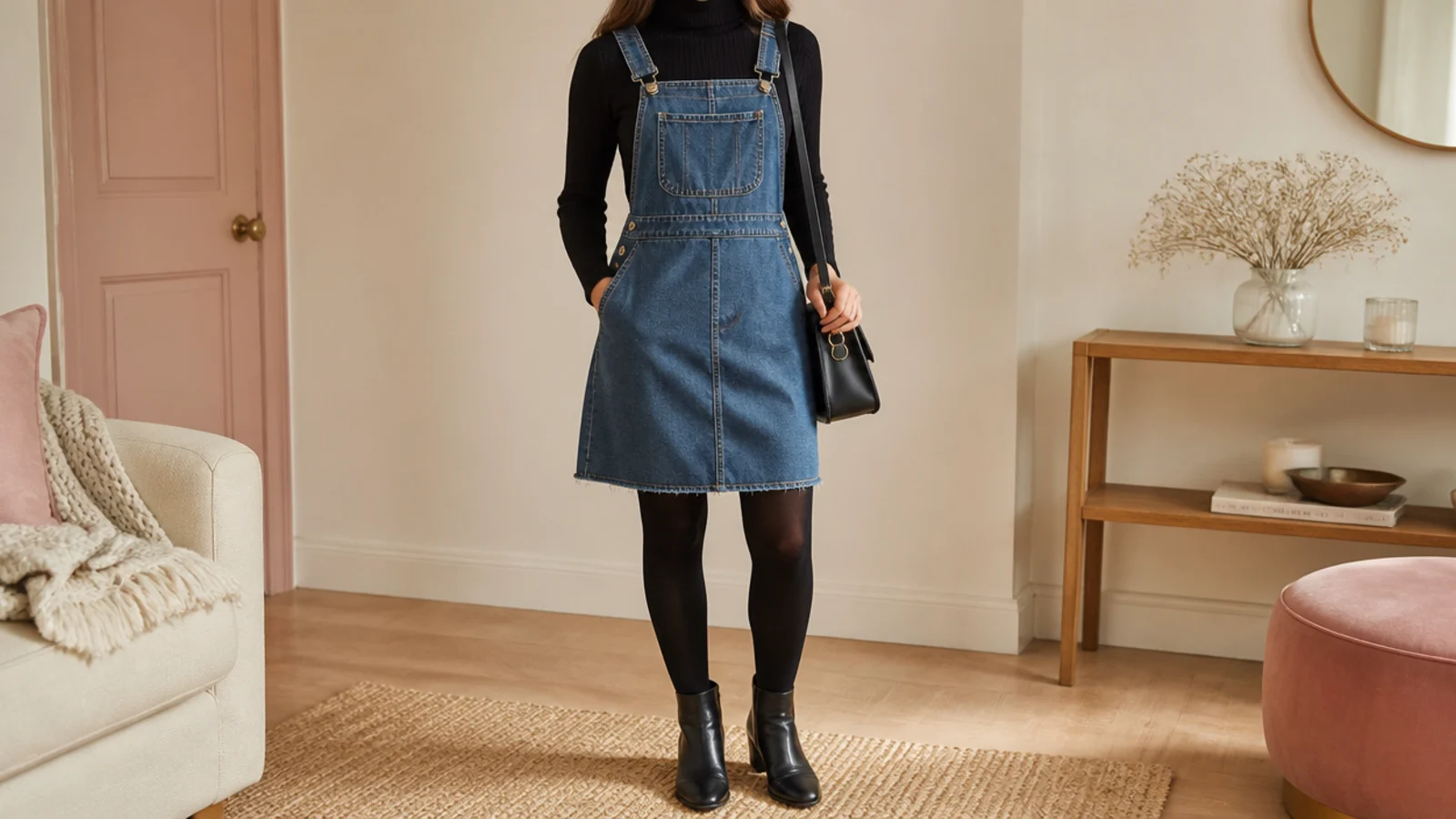 Faceless outfit with a mid-blue denim pinafore dress over a black ribbed turtleneck and tights