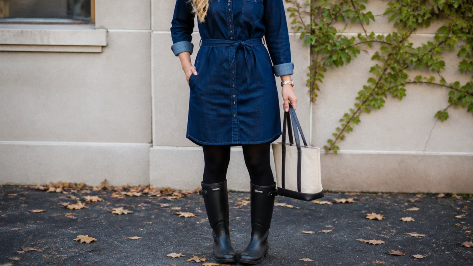 Faceless outfit with a dark denim shirt dress, opaque tights and tall black rain boots