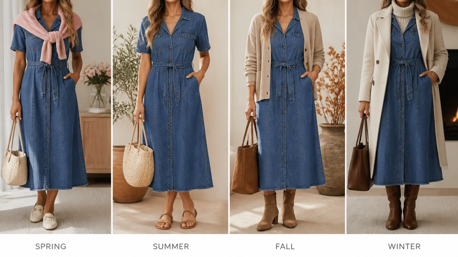 Faceless four-part layout of a denim dress styled for spring, summer, fall and winter