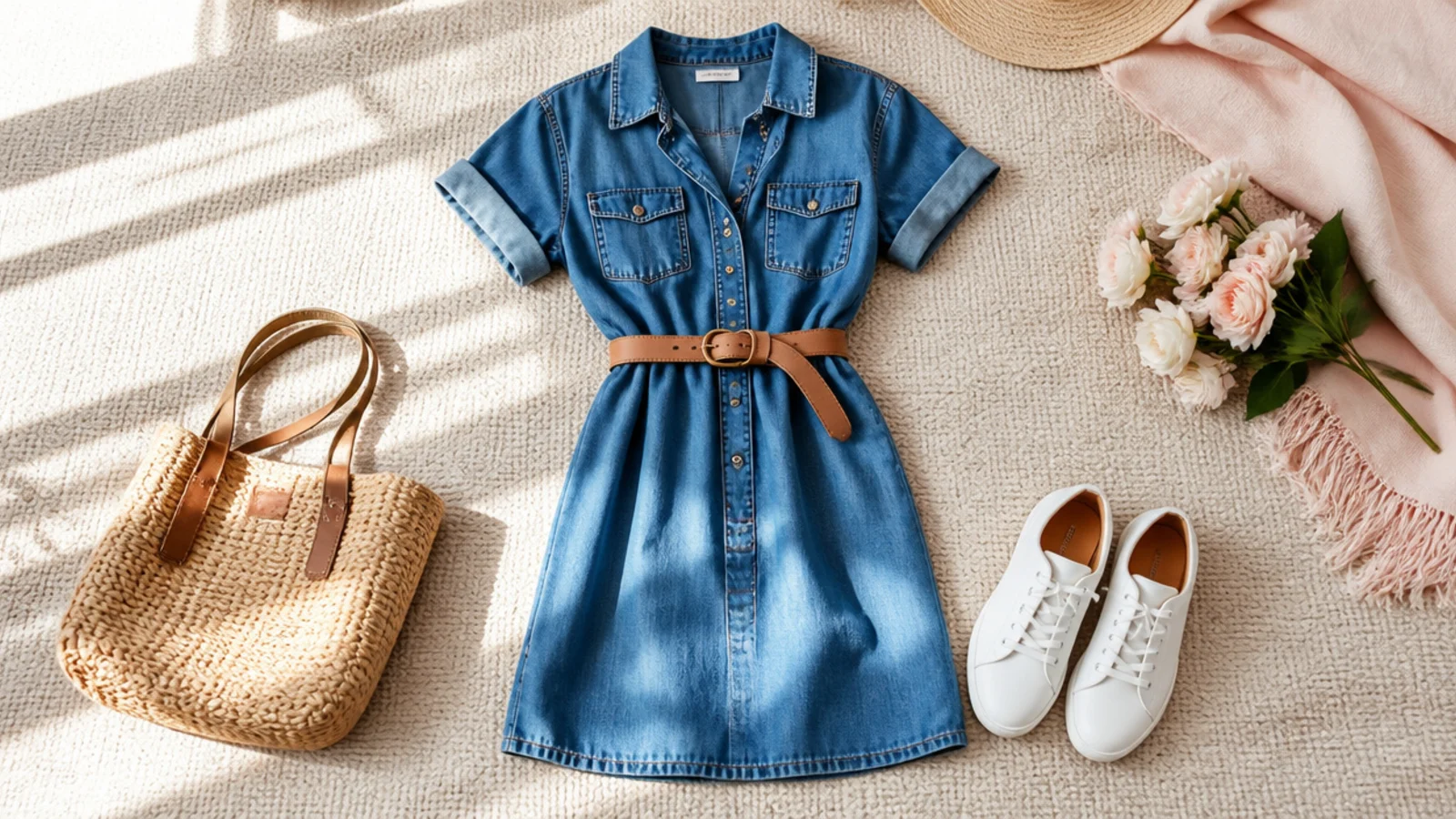 Faceless flat-lay of a denim shirt dress with a tan belt, white sneakers and a straw bag