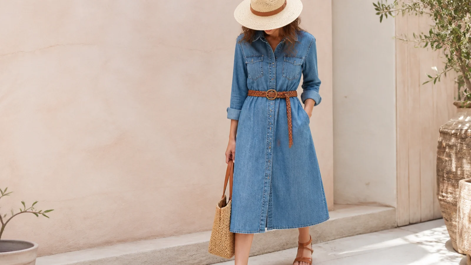 Faceless denim dress outfit with a belted mid-blue denim shirt dress and tan sandals