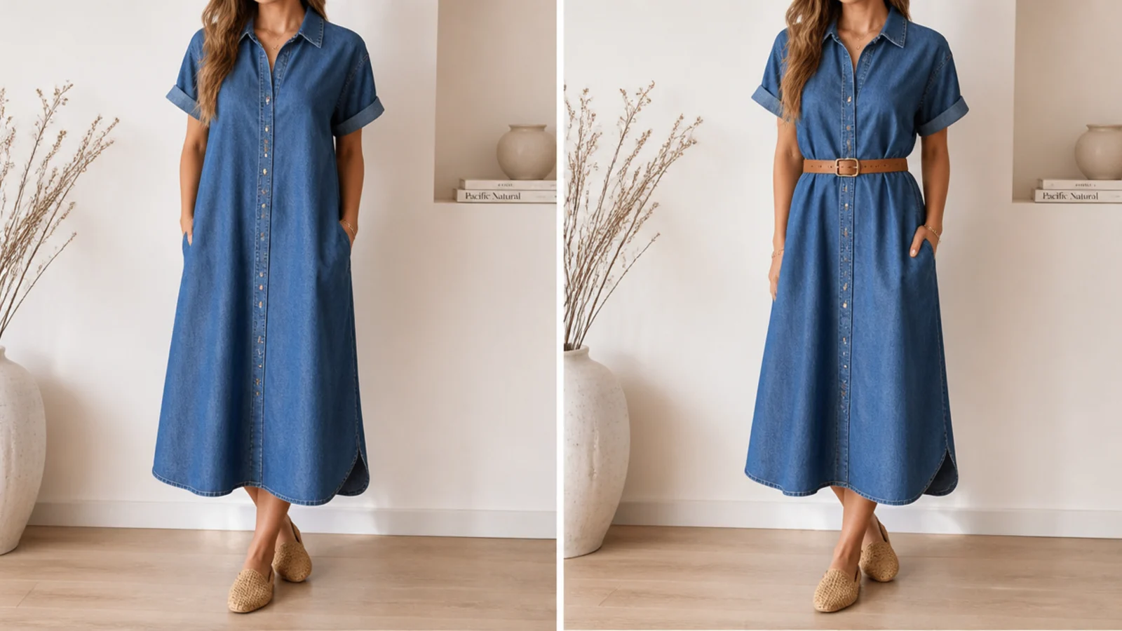Faceless comparison of a straight unbelted denim dress beside the same dress belted at the waist