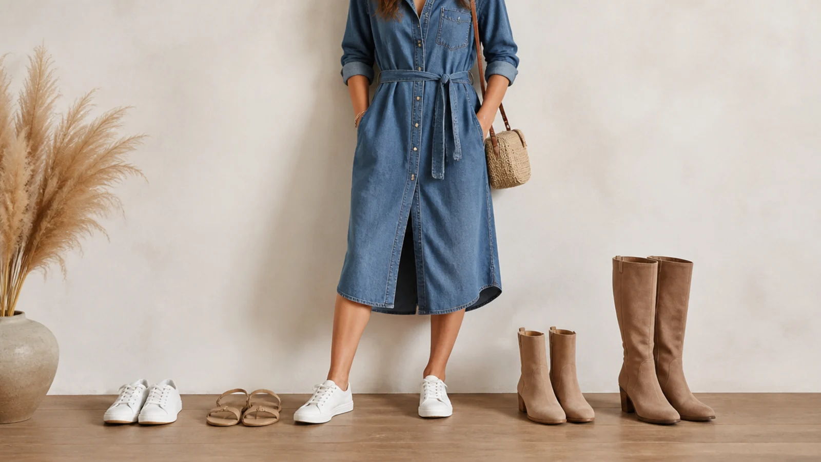 Faceless flat-lay of white sneakers, tan sandals, ankle boots and tall boots beside a denim dress