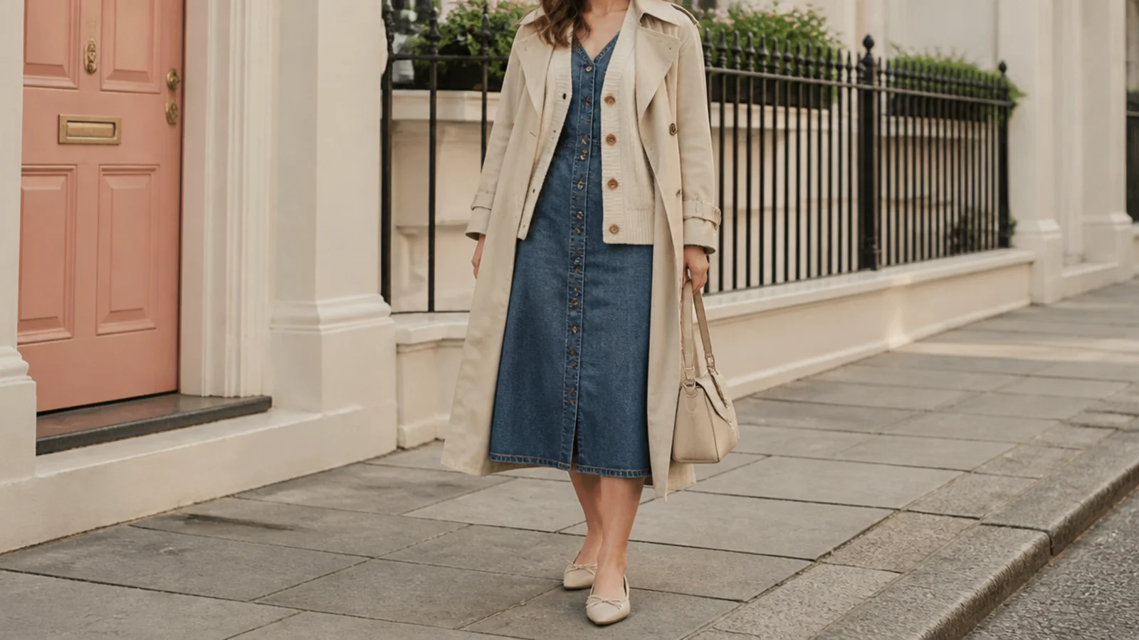 Faceless outfit showing a denim dress layered under an open cream cardigan and a beige trench