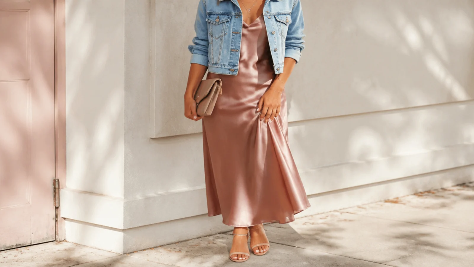 Faceless outfit with a cropped mid-wash denim jacket over a satin slip dress and strappy sandals