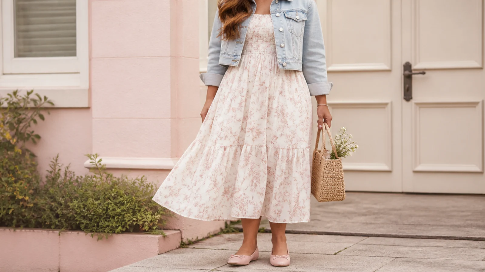 Faceless outfit with a cropped light-wash denim jacket over a floaty midi dress and ballet flats