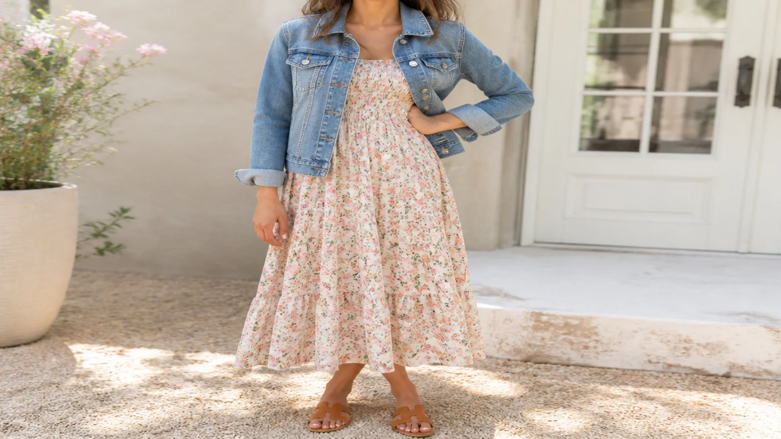 Faceless outfit with a mid-wash denim jacket over a floral sundress and tan sandals