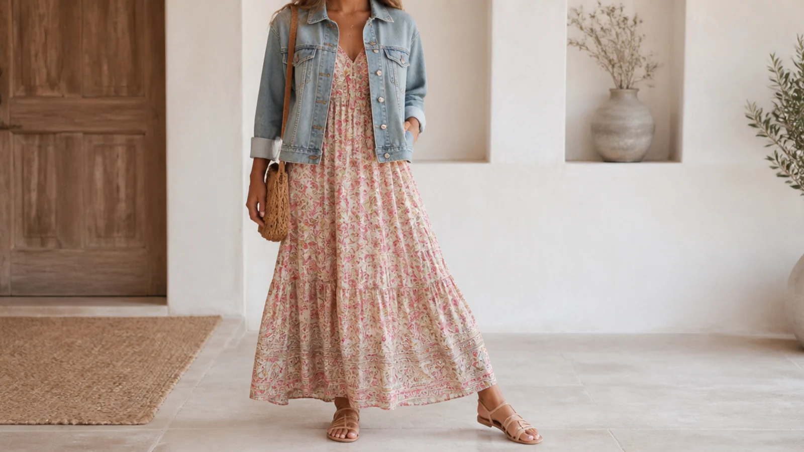 Faceless outfit with an oversized mid-wash denim jacket over a flowing maxi dress and sandals