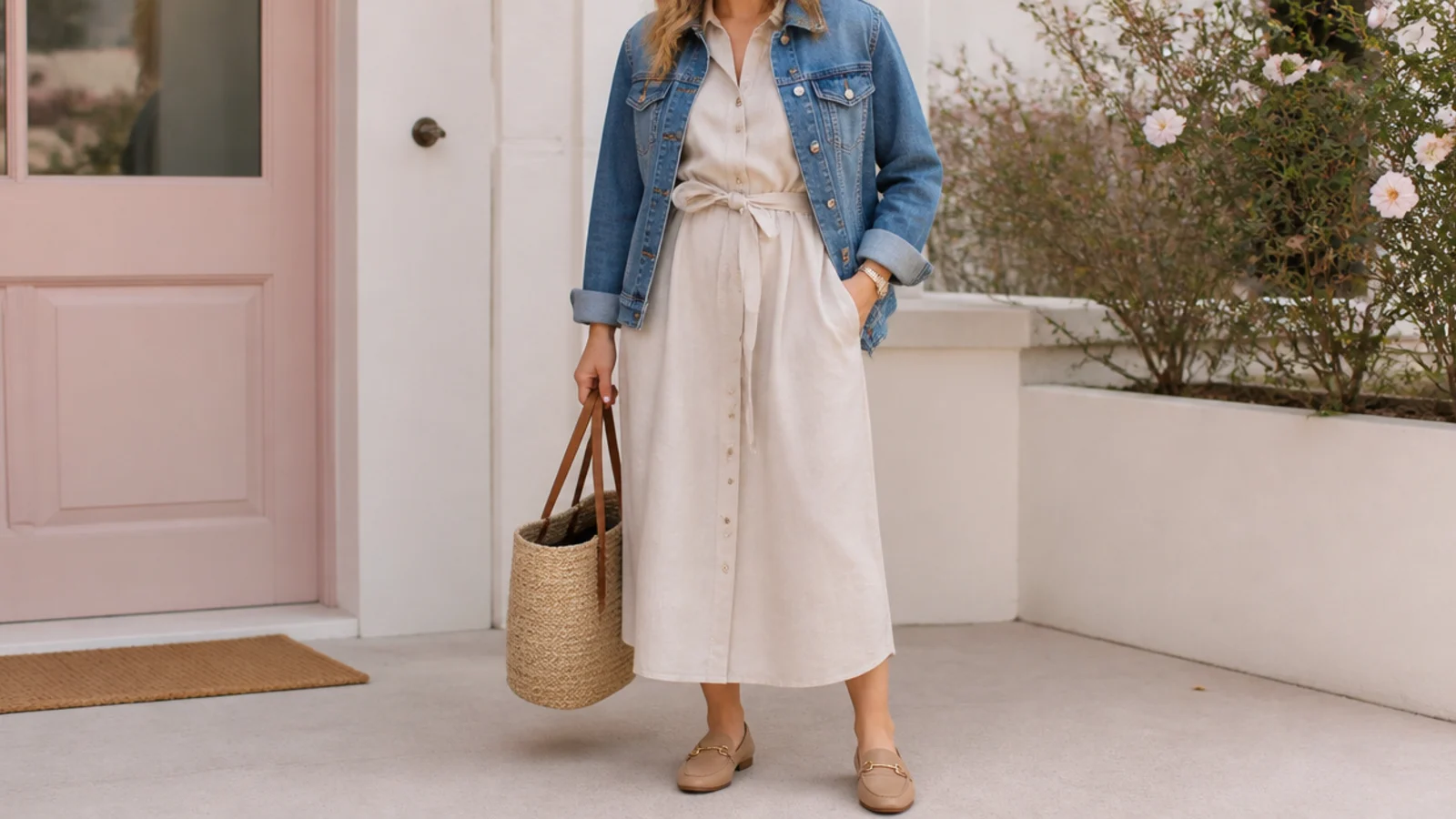 Faceless outfit with a mid-wash denim jacket over a belted shirt dress and loafers