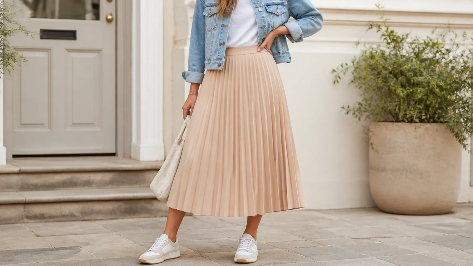 Faceless outfit with a cropped denim jacket, a tucked tee and a pleated midi skirt with sneakers