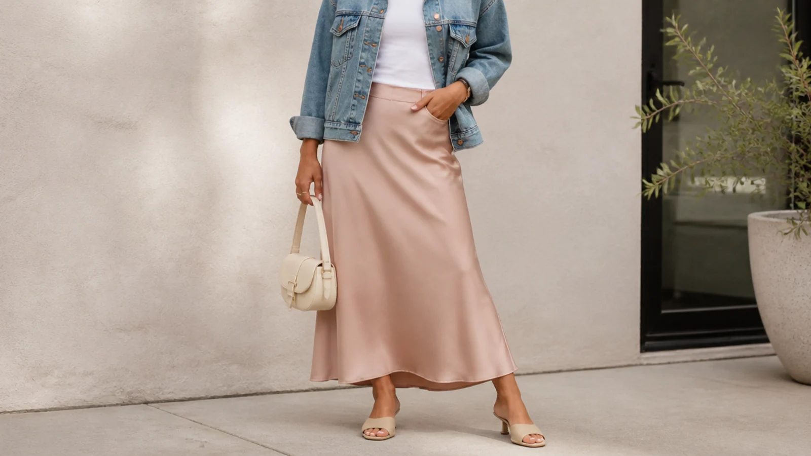 Faceless outfit with a mid-wash denim jacket, a fitted tee and a bias-cut satin slip skirt with mules