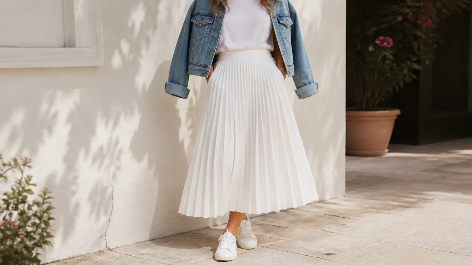 Faceless outfit with a mid-wash denim jacket, a tucked white tee and a white pleated skirt with sneakers