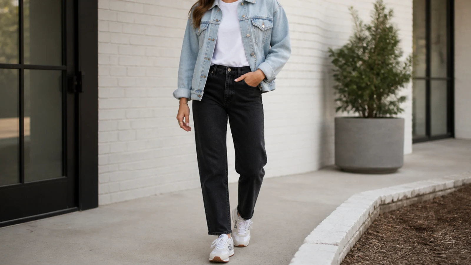 Faceless outfit with a light-wash denim jacket, a white tee and dark straight-leg jeans with sneakers