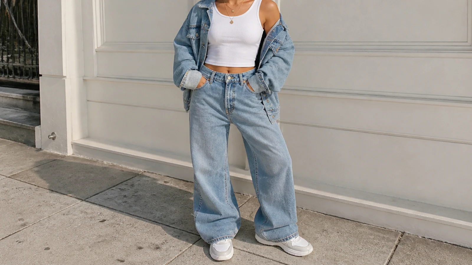 Faceless streetwear outfit with an oversized denim jacket, a fitted tank and baggy jeans with sneakers