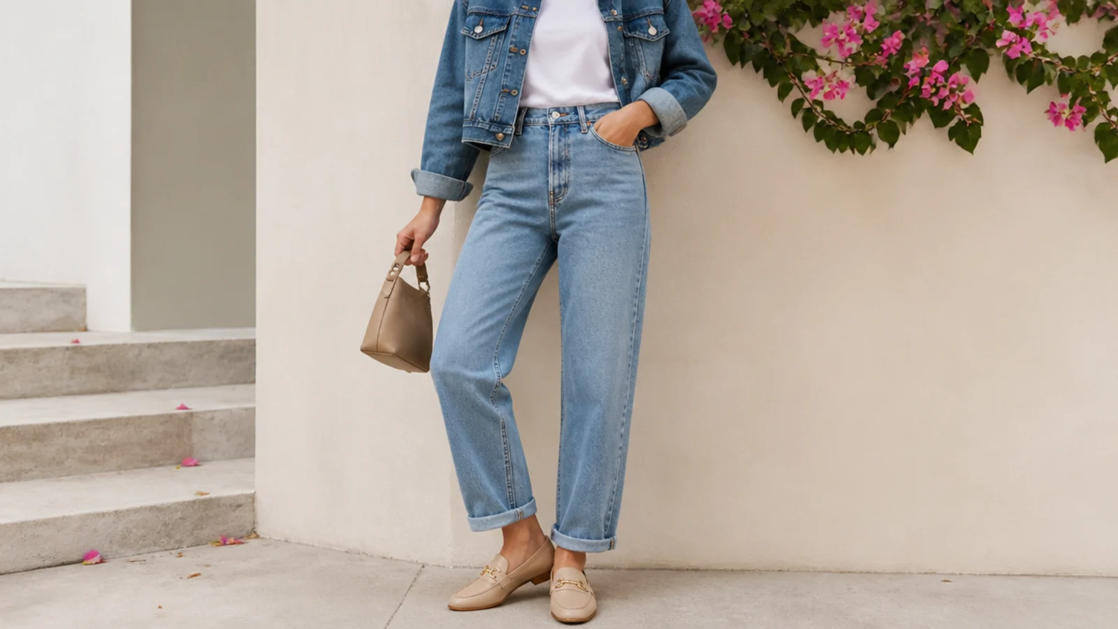 Faceless outfit with a cropped denim jacket, a tucked tee and high-waisted mom jeans with loafers